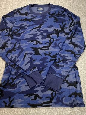 Polo Ralph Lauren Men’s Large Blue Camo Waffle Knit Thermal Long Sleeve Shirt